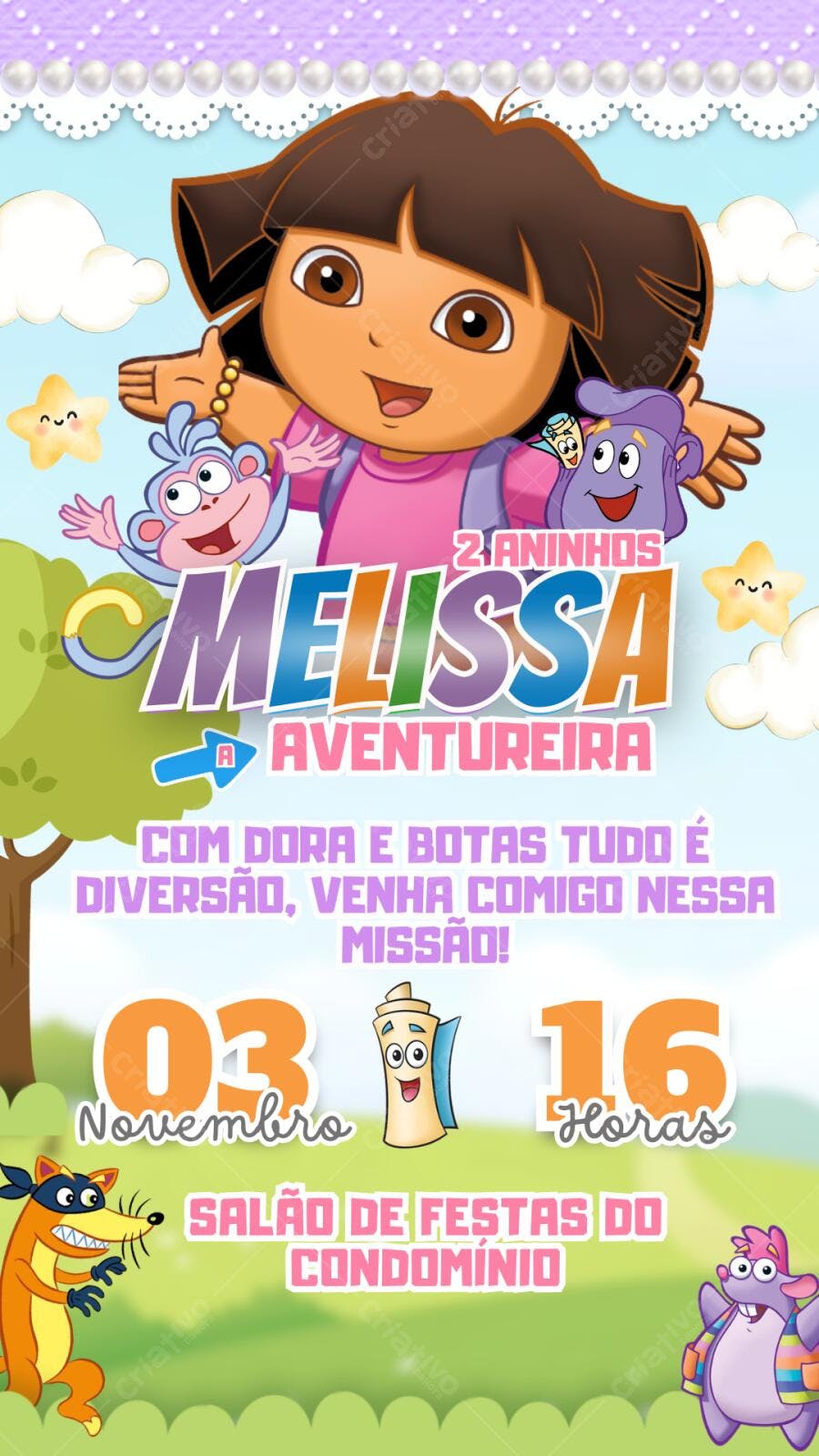 Convite Aniversário Dora Aventureira 2 Anos Editável