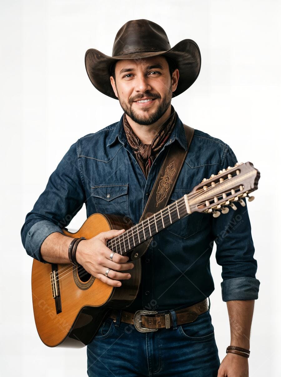 Foto Homem Sertanejo Sorrindo Chapéu Violão Estúdio
