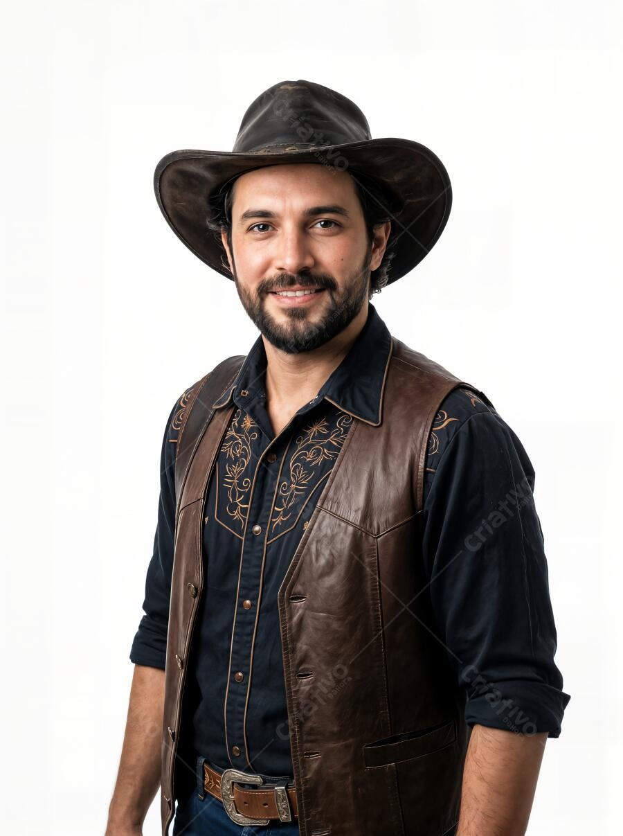 Foto Homem Barba Chapéu Cowboy Sorrindo Fundo Branco