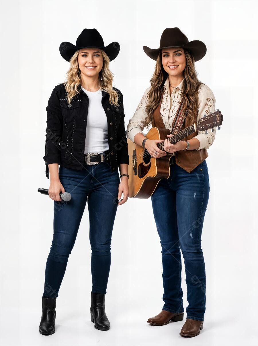 Foto Dupla Sertaneja Feminina Cantando com Violão e Microfone