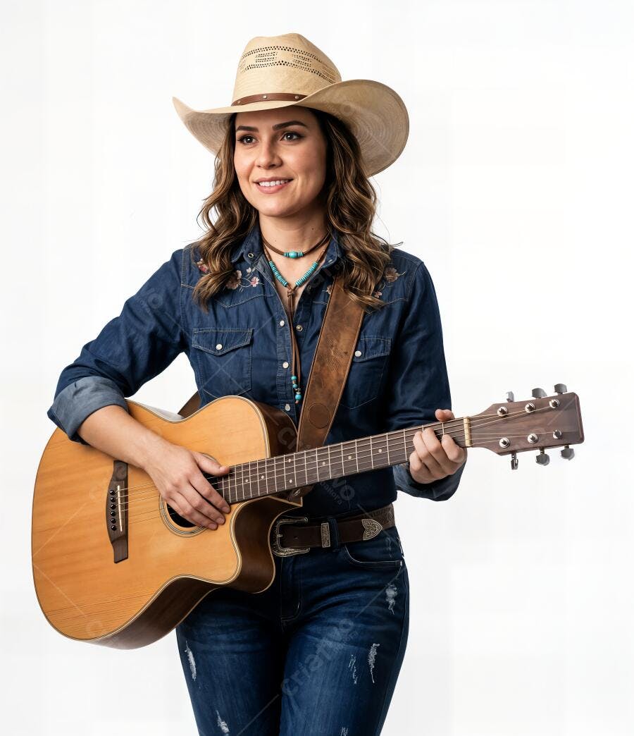 Foto Mulher Sertaneja Tocando Violão Country Chapéu Cowboy
