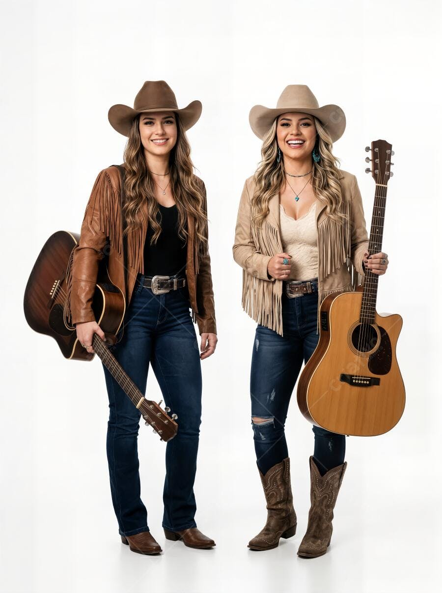 Foto Duas Mulheres Sertanejas Sorrindo com Violões Estúdio
