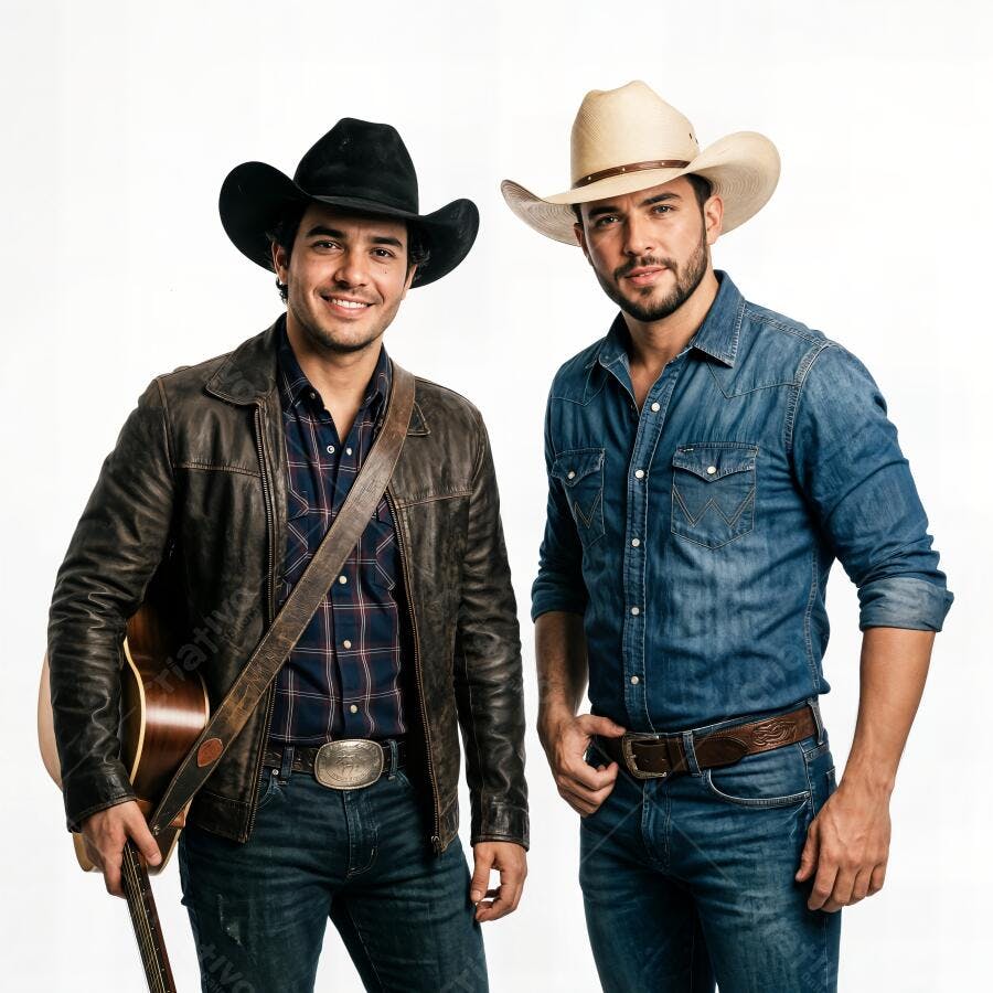 Foto Dupla Sertaneja Masculina Sorrindo Chapéu e Violão