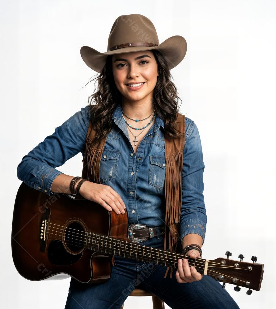 Foto Mulher Sertaneja Sorrindo Chapéu e Violão Estúdio