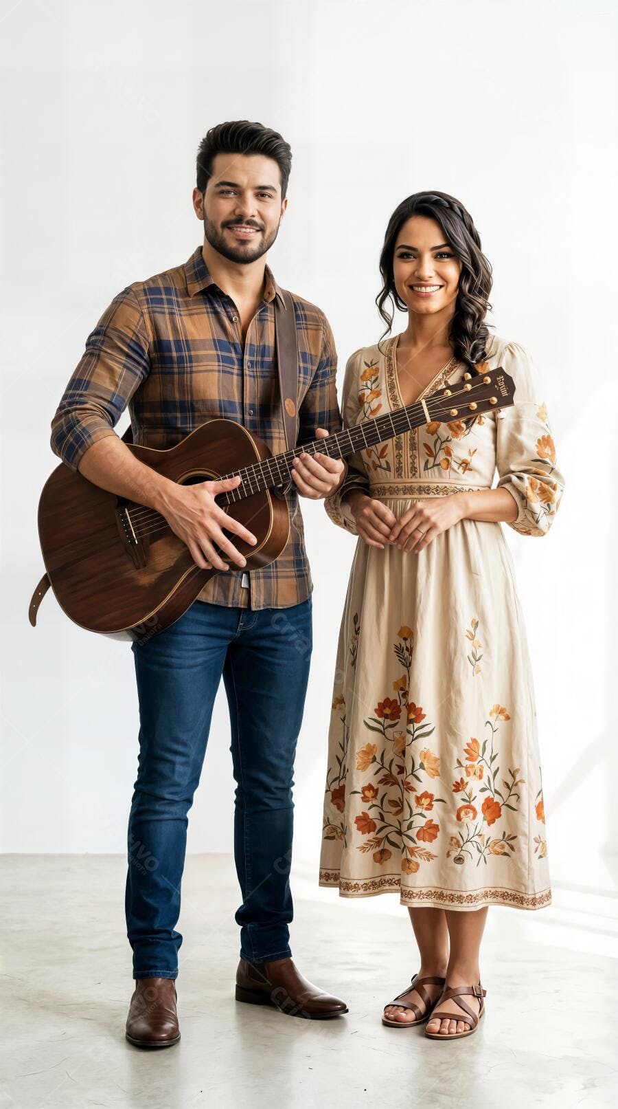 Foto Casal Músicos Sorrindo com Violão Estúdio Branco