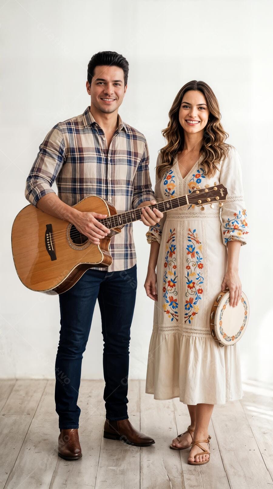 Foto Casal Músicos Sorrindo com Violão e Pandeiro Estúdio