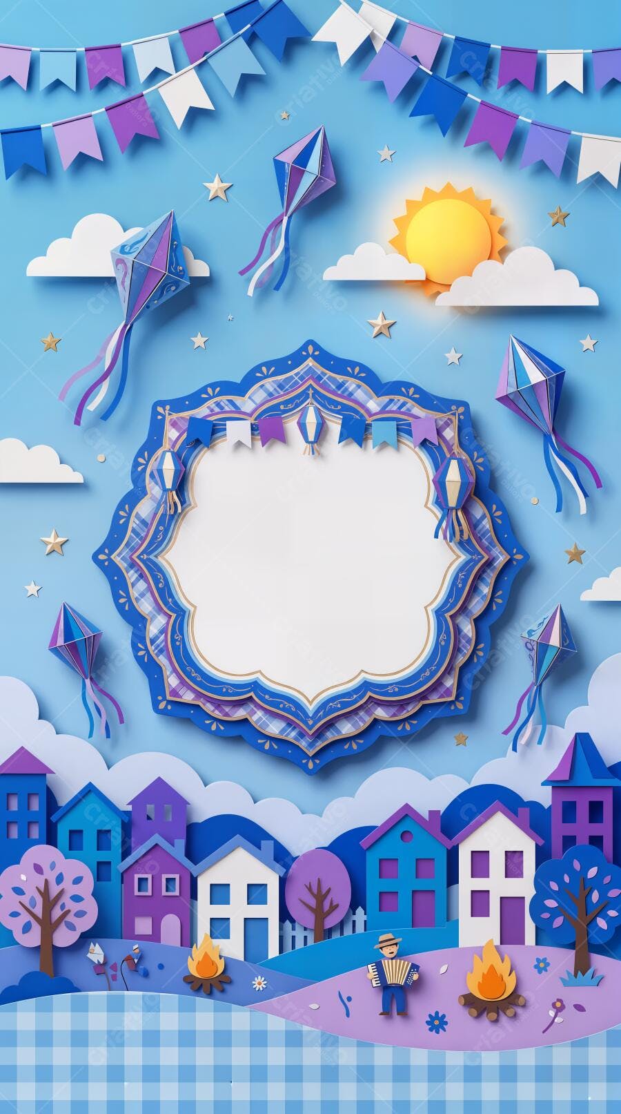 Festa Junina São João Ilustração 3D Paper Cut Azul
