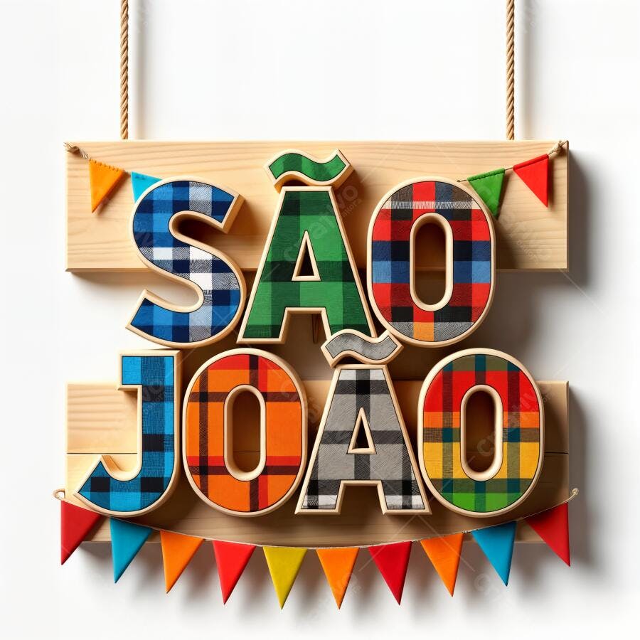 Placa São João Festa Junina Letras Xadrez Coloridas