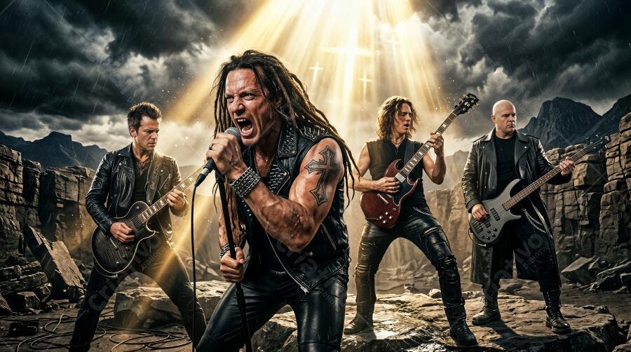 Foto Banda de Rock Heavy Metal Cantando Palco Céu Dramático