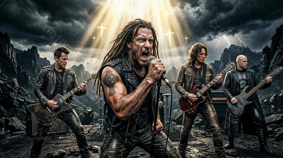Foto Banda de Rock Heavy Metal Cantando Palco Escuro