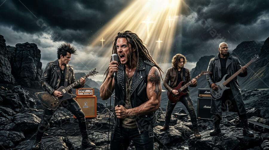 Foto Banda de Rock Tocando Palco Céu Nublado