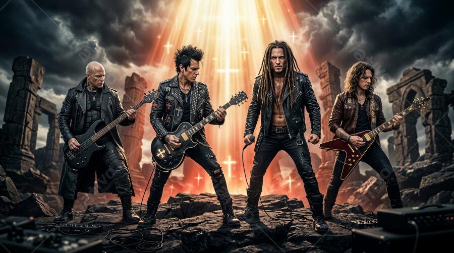 Foto Banda de Rock Tocando Palco Apocalíptico Luzes Douradas