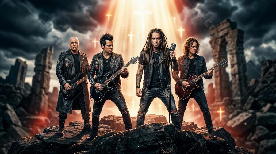 Foto Banda de Rock Tocando Palco Apocalíptico Luz Dourada
