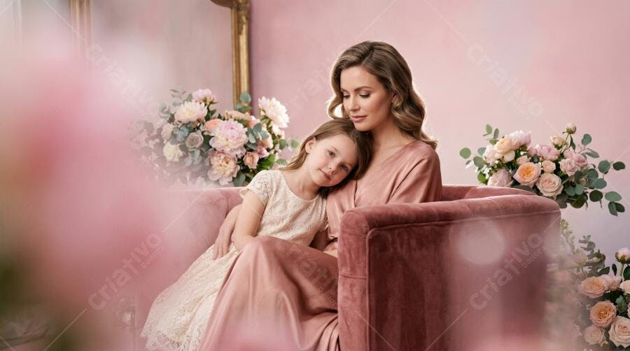 Foto Mãe e Filha Abraçadas Sofá Rosa Dia das Mães