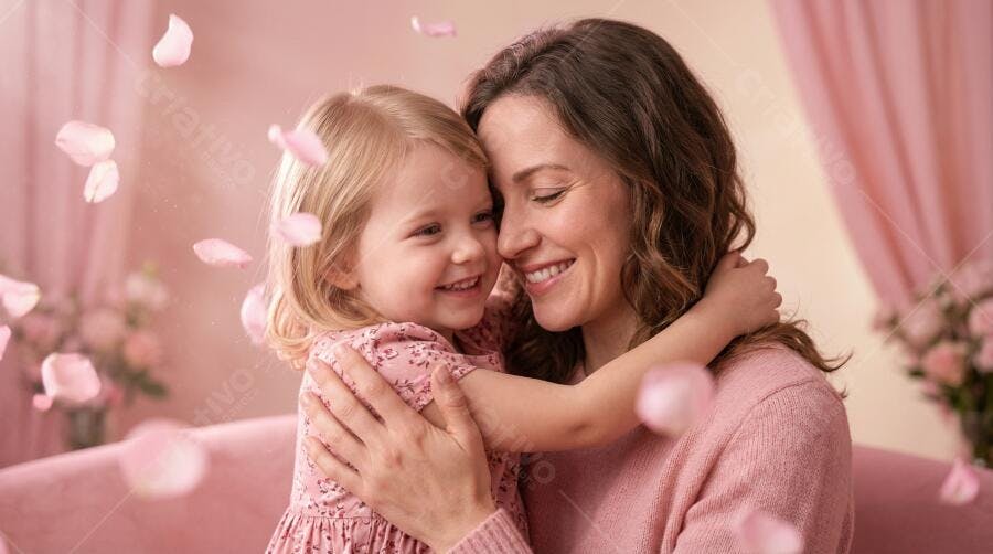 Foto Mãe e Filha Abraçadas Felizes Fundo Rosa Pétalas Caindo