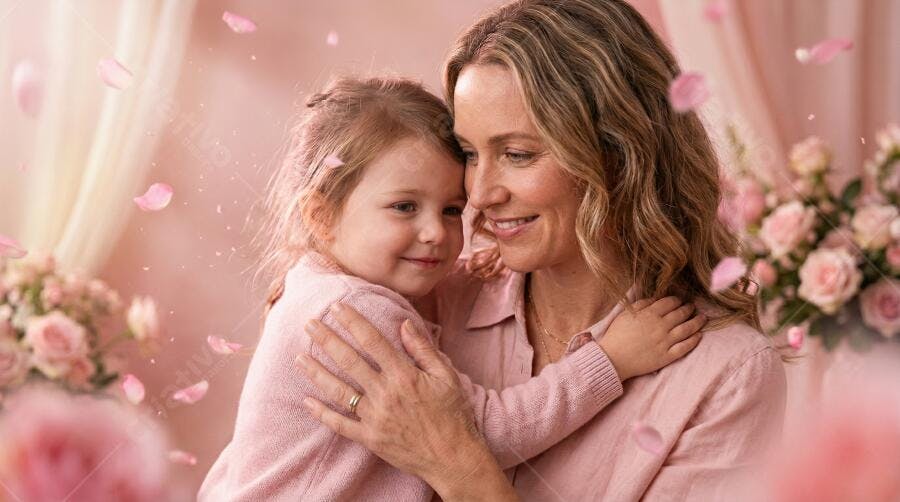 Foto Mãe e Filha Abraçadas Dia das Mães Rosas Cor de Rosa
