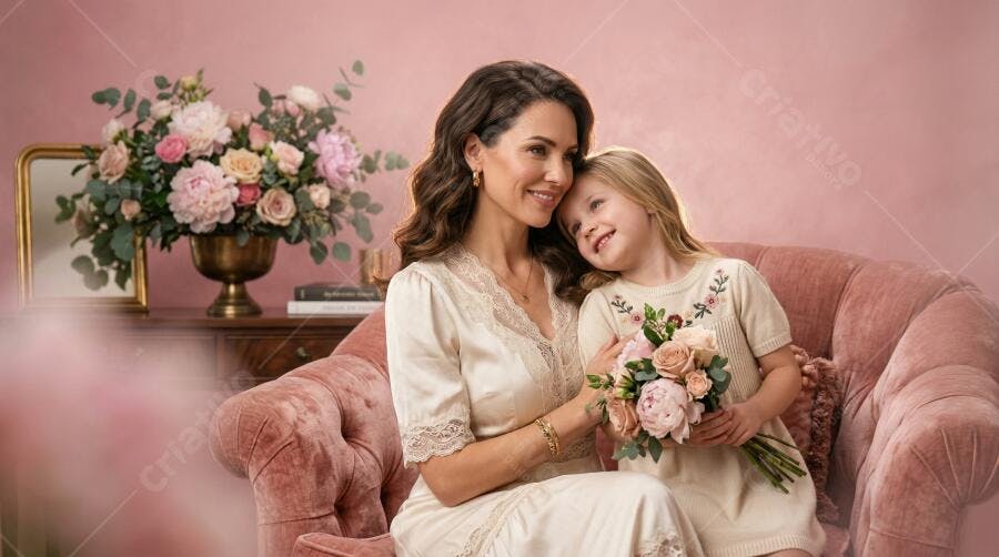 Foto Mãe e Filha Sorrindo Abração com Flores Dia das Mães