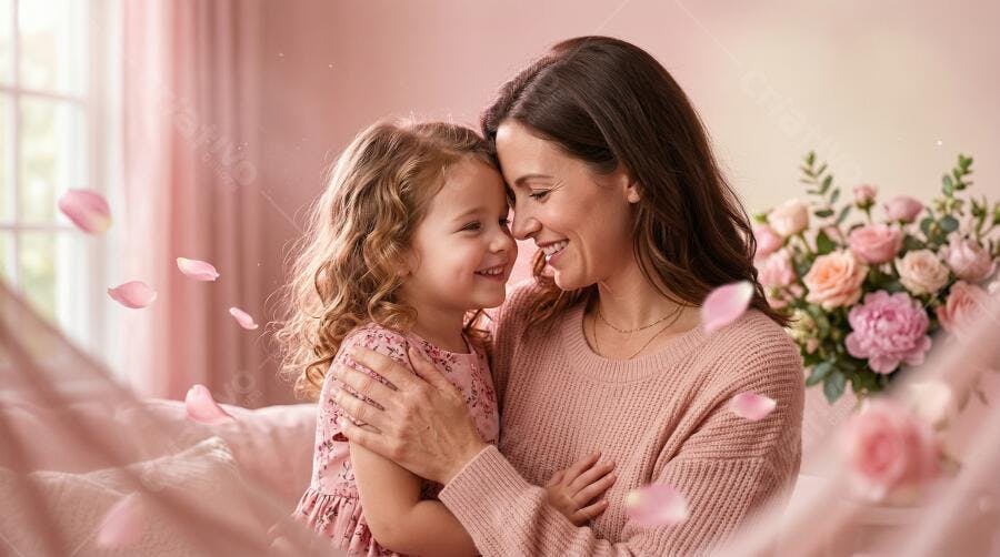 Foto Mãe e Filha Abraçadas Sorrindo Dia das Mães Rosas