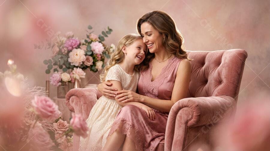 Foto Mãe e Filha Abraçadas Sorrindo Dia das Mães Rosas