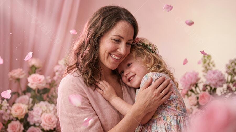 Foto Mãe e Filha Abraçadas Sorrindo Rosas Cor de Rosa