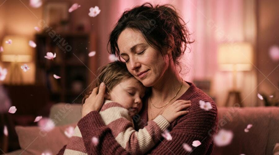 Foto Mãe Abraçando Filha Dormindo Pétalas Caindo