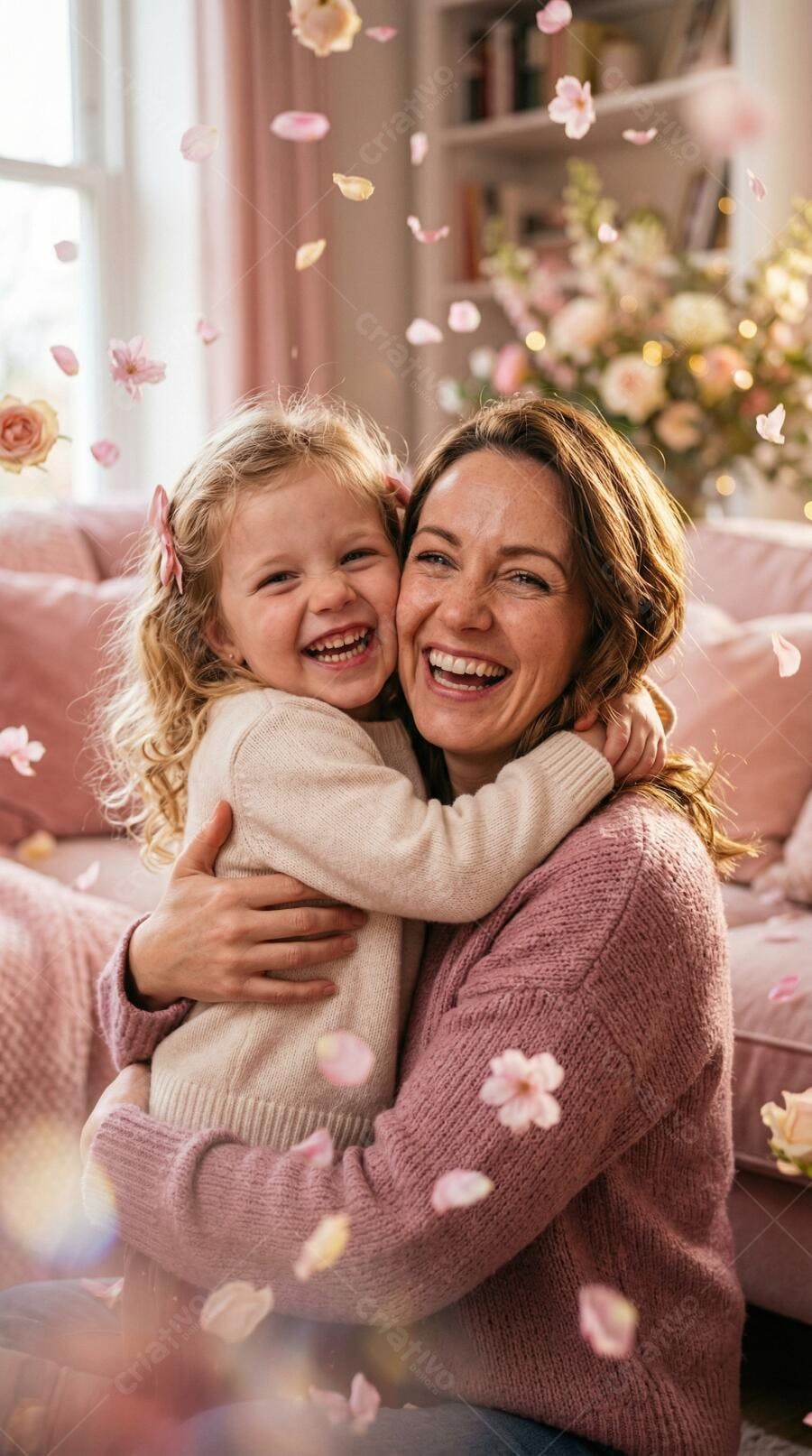Foto Mãe e Filha Sorrindo Abraçadas Pétalas Caindo