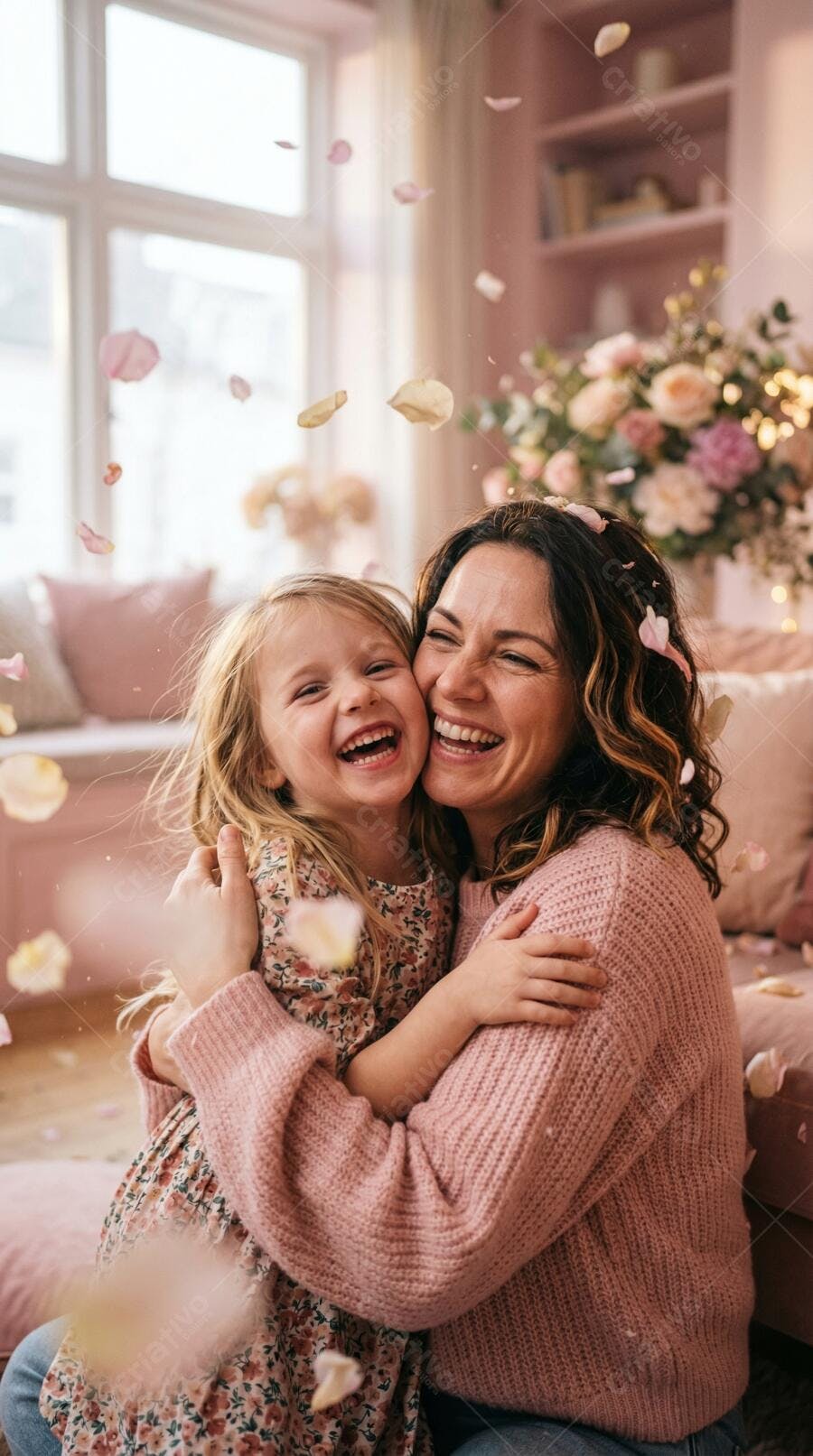 Foto Mãe e Filha Abraçadas Sorrindo Pétalas Caindo