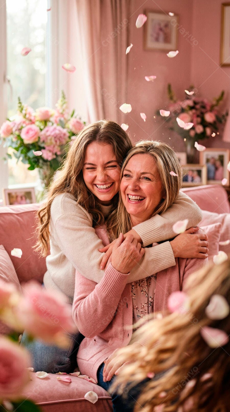 Foto Mãe e Filha Abraçadas Sorrindo Pétalas de Rosas Dia das Mães