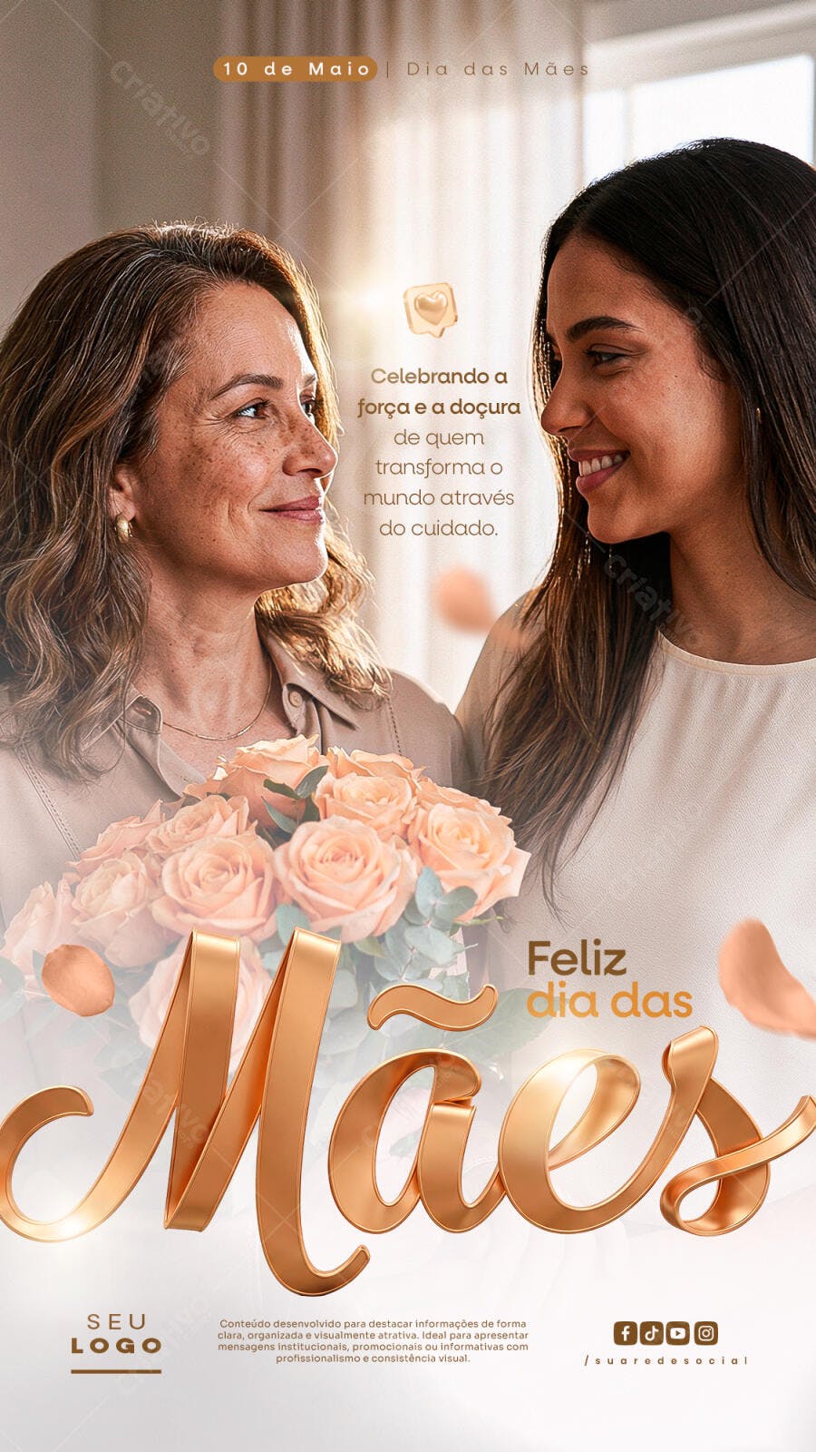 Story Instagram Dia das Mães Rosas Dourado PSD Editável