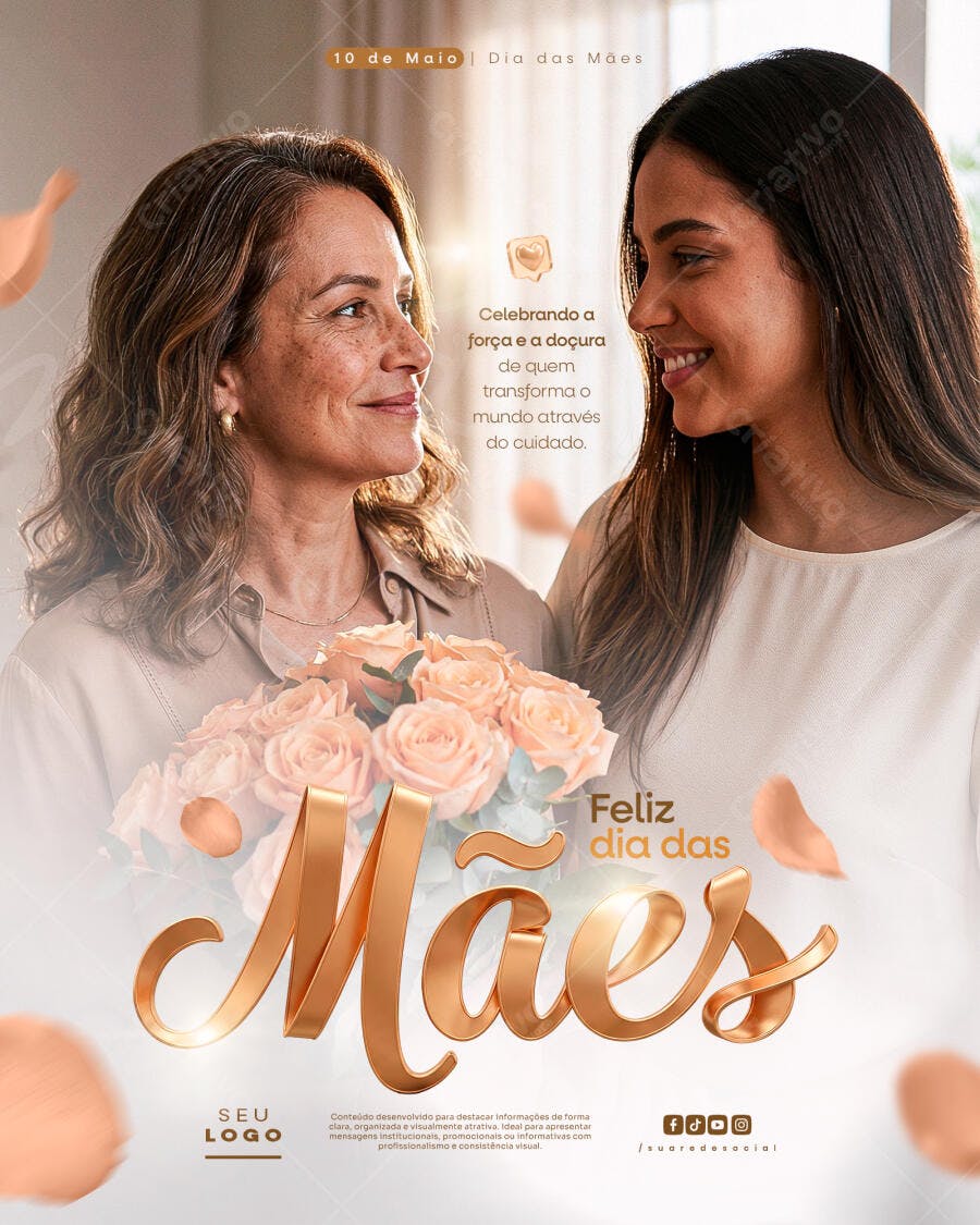 Post Instagram Dia das Mães Rosas Douradas PSD Editável
