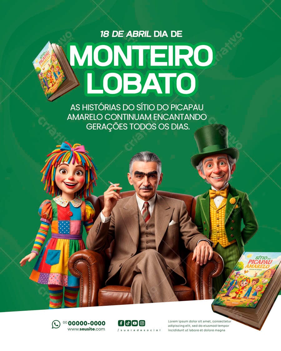 Post Instagram Dia de Monteiro Lobato 18 de Abril PSD Editável