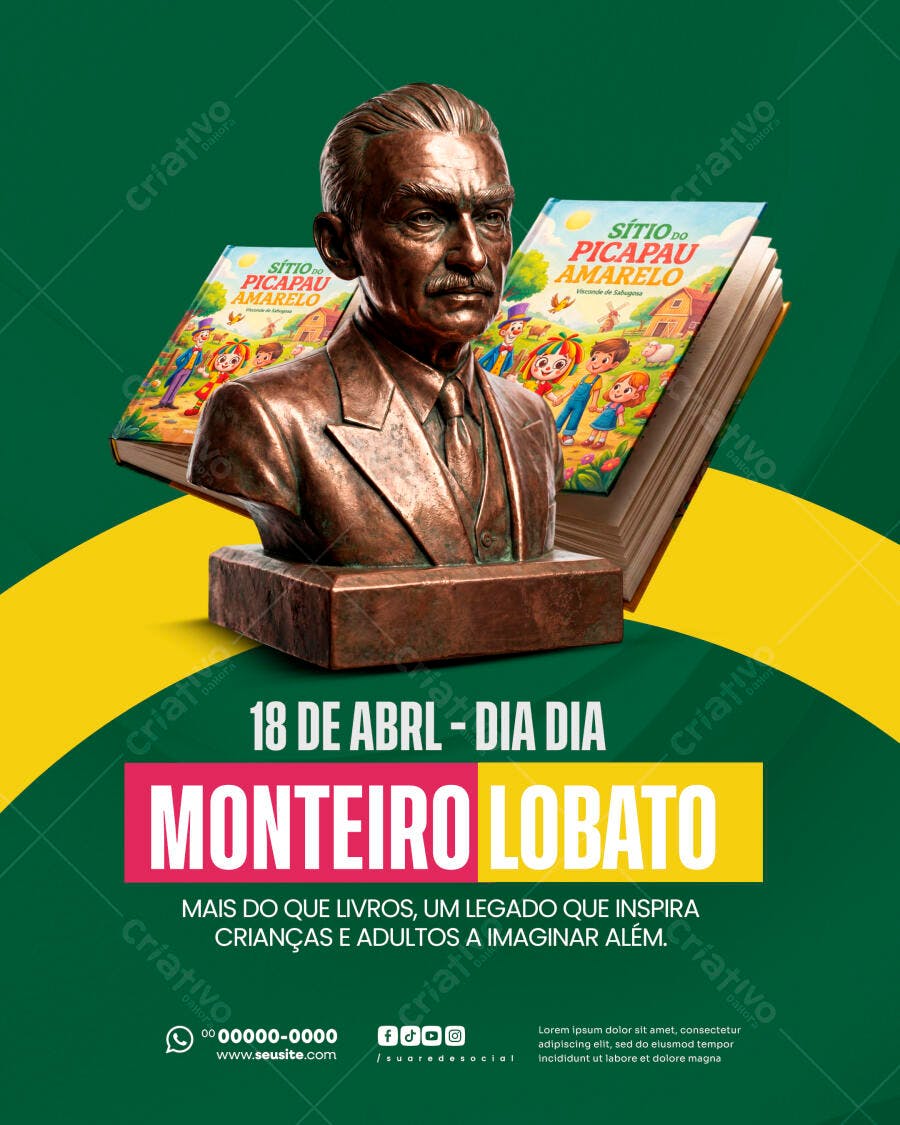 Post Dia Nacional do Livro Infantil Monteiro Lobato PSD Editável