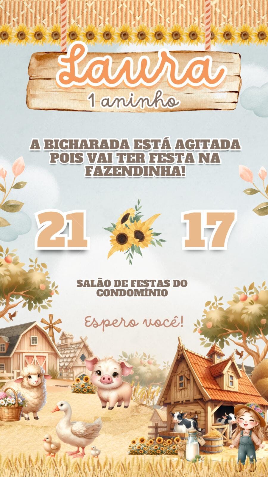 Convite Aniversário Fazendinha Menina 1 Aninho Editável