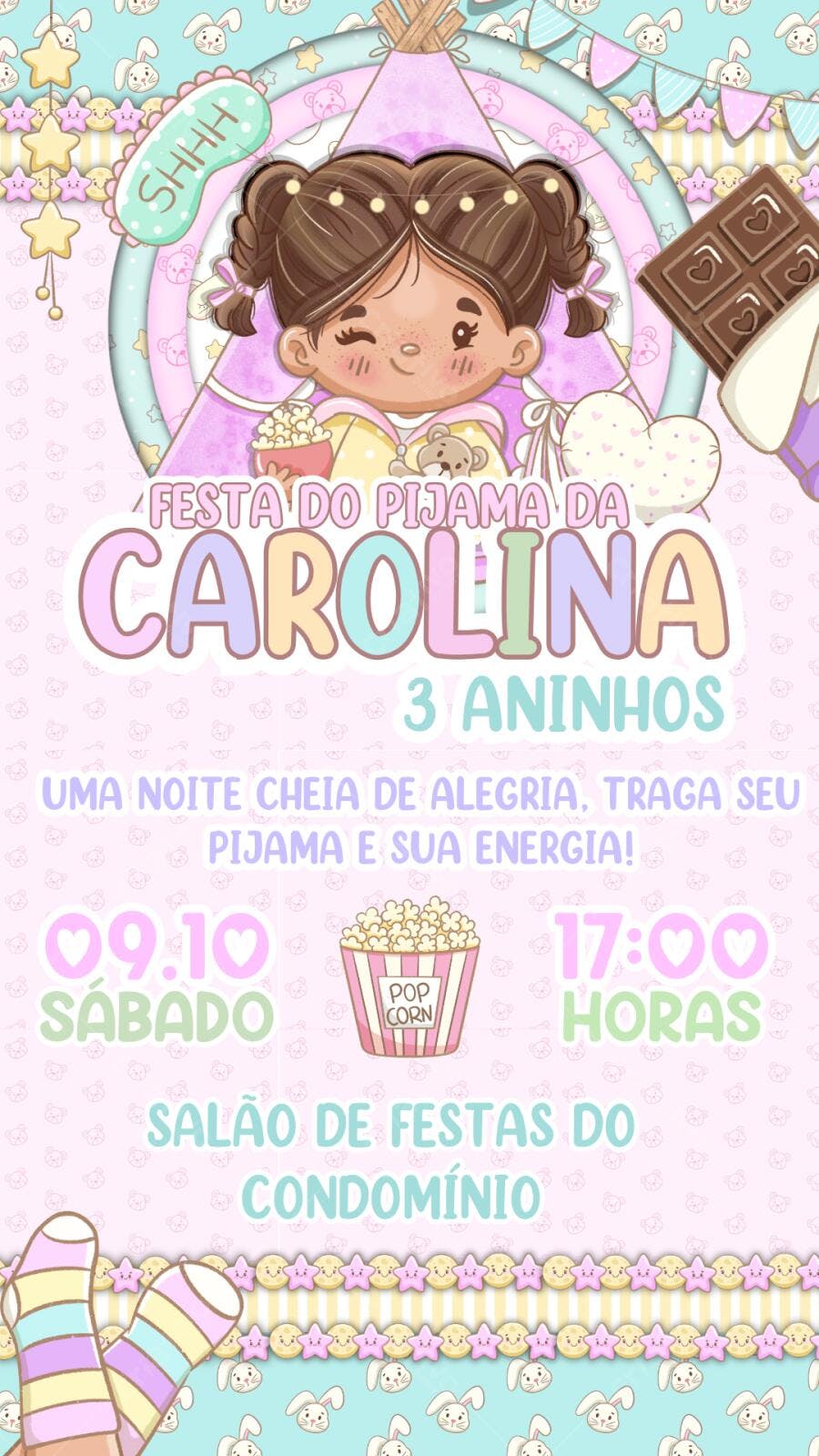 Convite Festa do Pijama Menina 3 Anos Editável