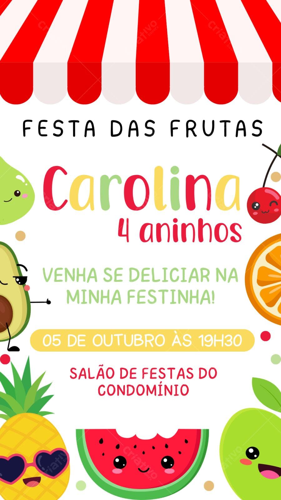 Convite Aniversário Festa das Frutas 4 Anos Editável