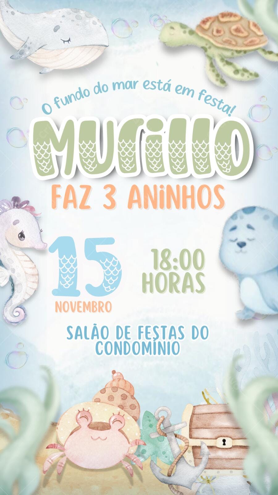 Convite Aniversário Fundo do Mar 3 Anos Editável