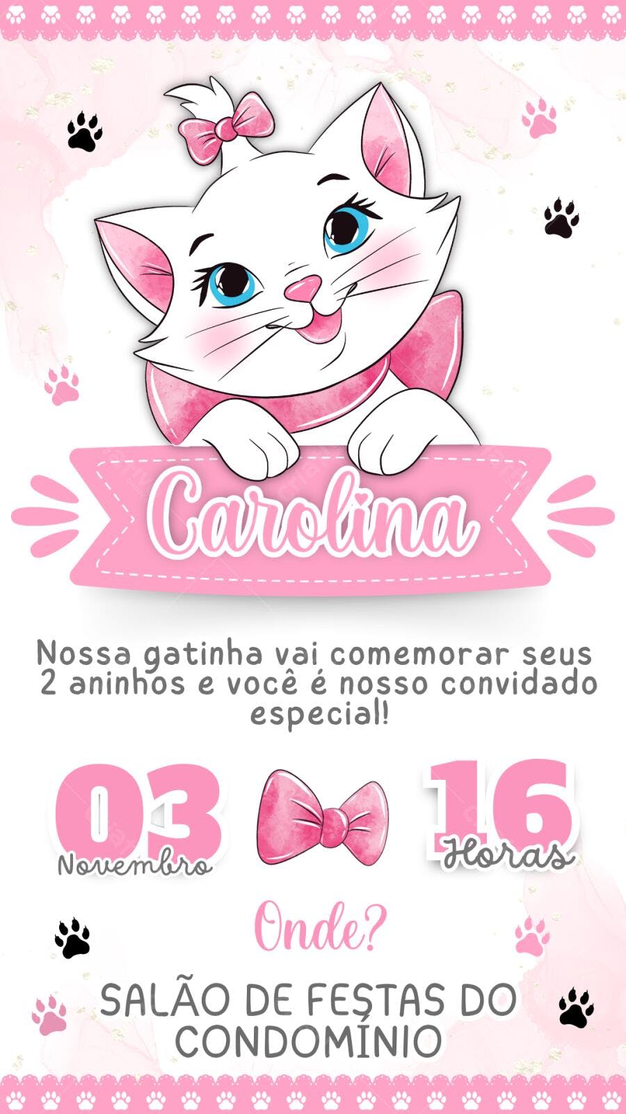 Convite Aniversário Gata Marie 2 Anos Rosa Editável