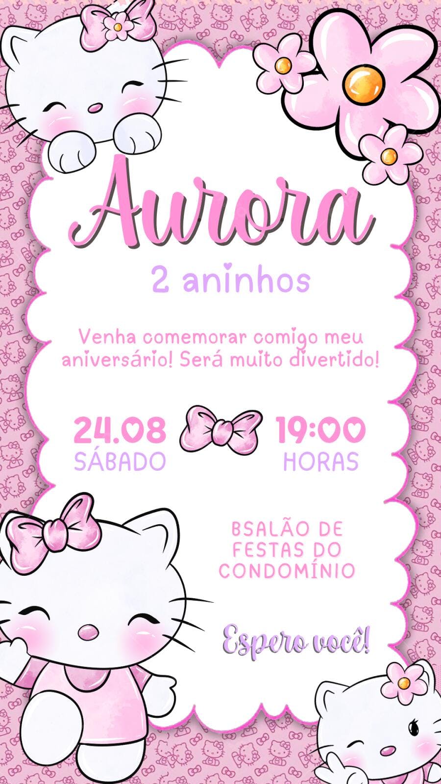 Convite Aniversário Hello Kitty 2 Anos Rosa Editável