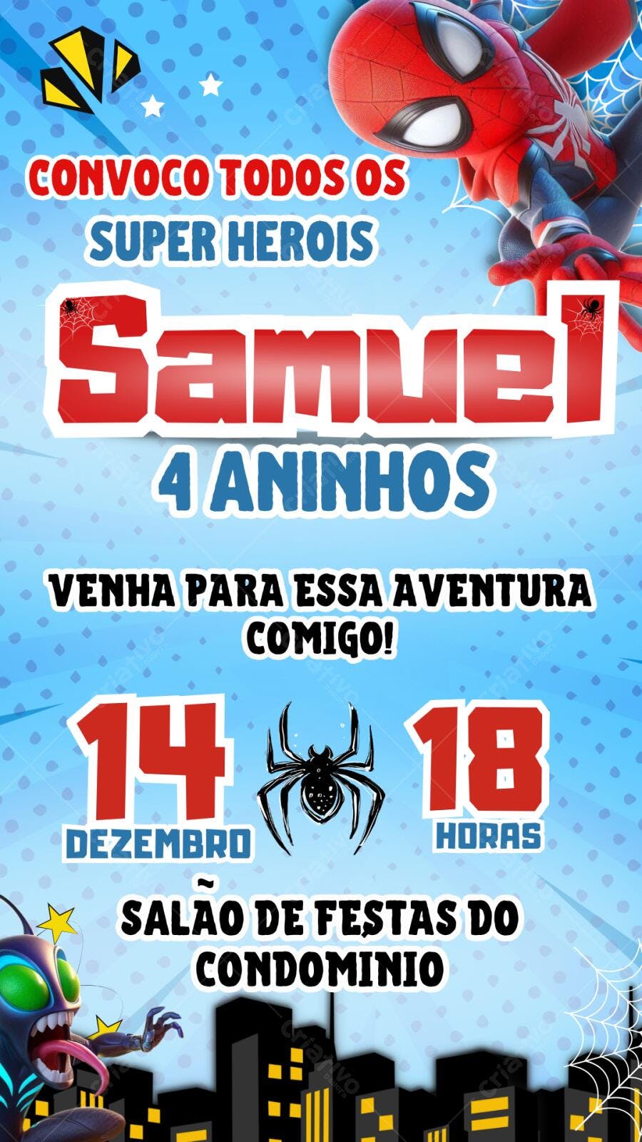 Convite Aniversário Homem-Aranha 4 Anos Editável