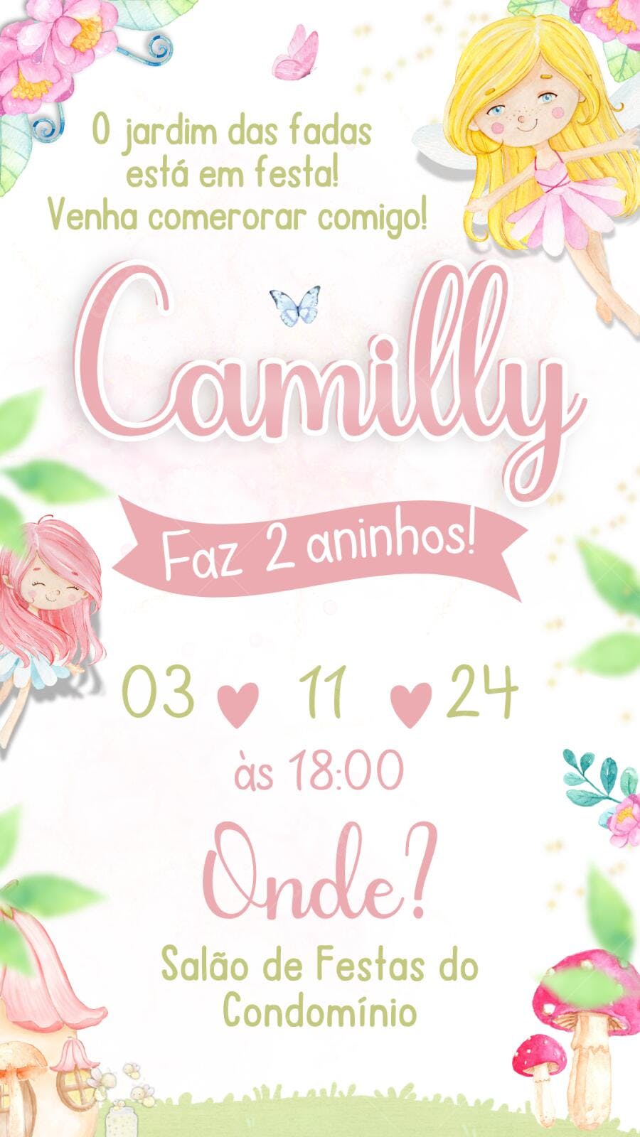 Convite Aniversário Fadas Jardim Encantado 2 Anos Editável
