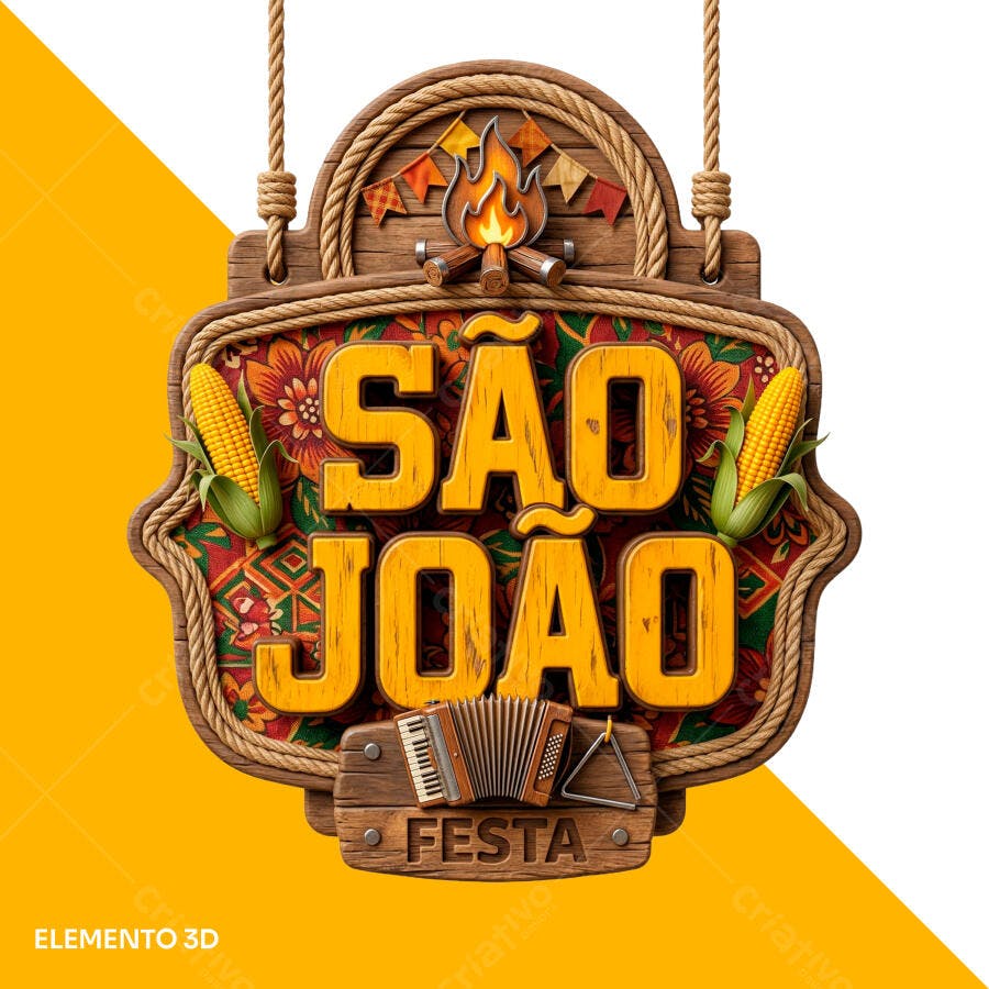Selo 3D Festa Junina São João Destaque Amarelo e Marrom PNG Transparente