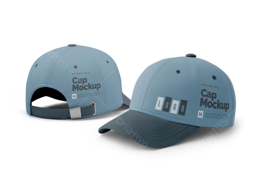 Mockup Boné Azul Frente e Costas Fundo Branco Editável