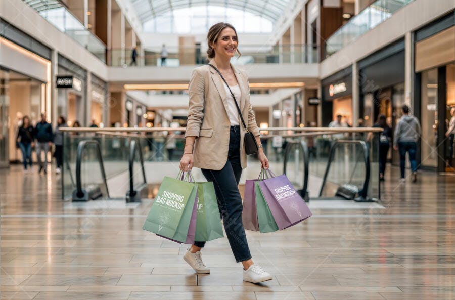 Mockup Sacola Papel Mulher Shopping Lifestyle Editável
