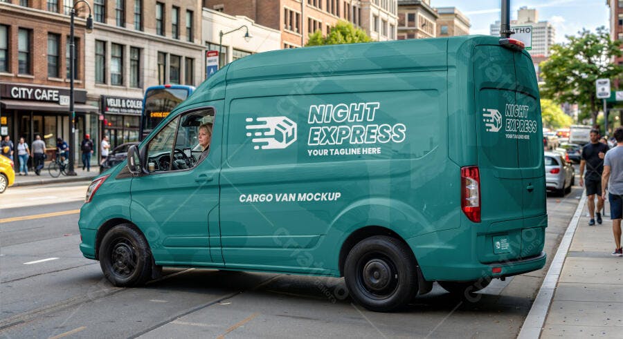 Mockup Van de Carga Verde Rua Cidade Editável