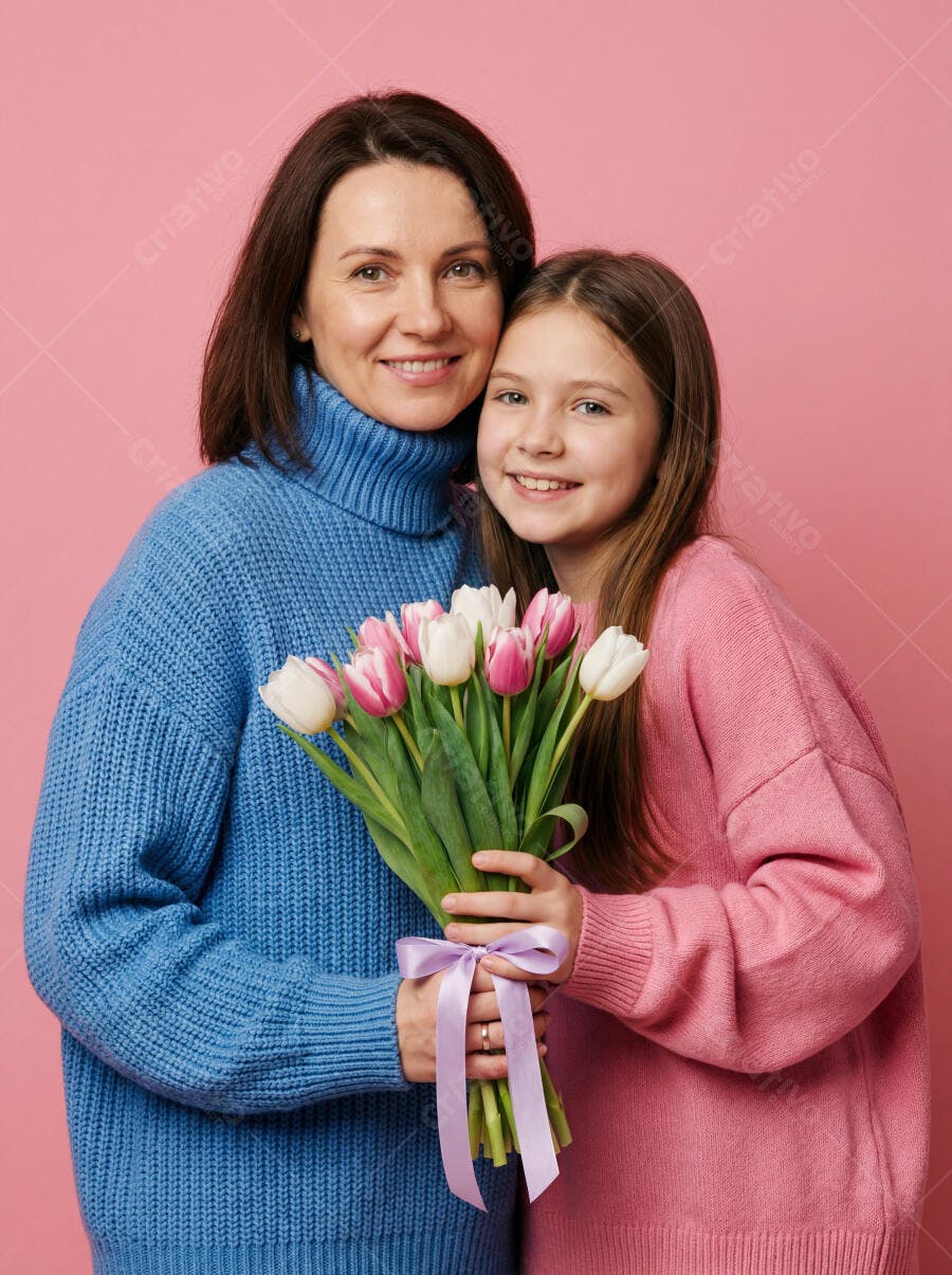 Foto Mãe e Filha Sorrindo Buquê de Tulipas Fundo Rosa