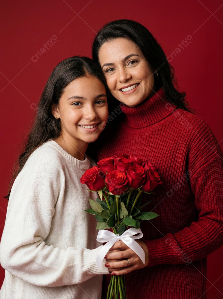 Foto Mãe e Filha Sorrindo Buquê de Rosas Vermelhas Dia das Mães