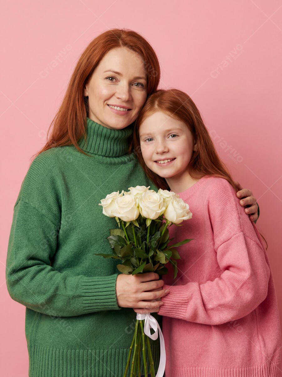 Foto Mãe e Filha Ruivas Sorrindo Dia das Mães Rosas Brancas