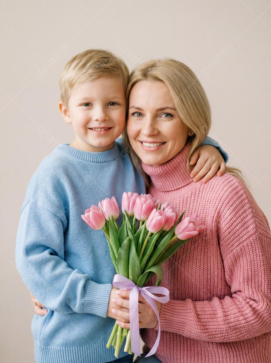 Foto Mãe e Filho Sorrindo Buquê de Tulipas Rosas
