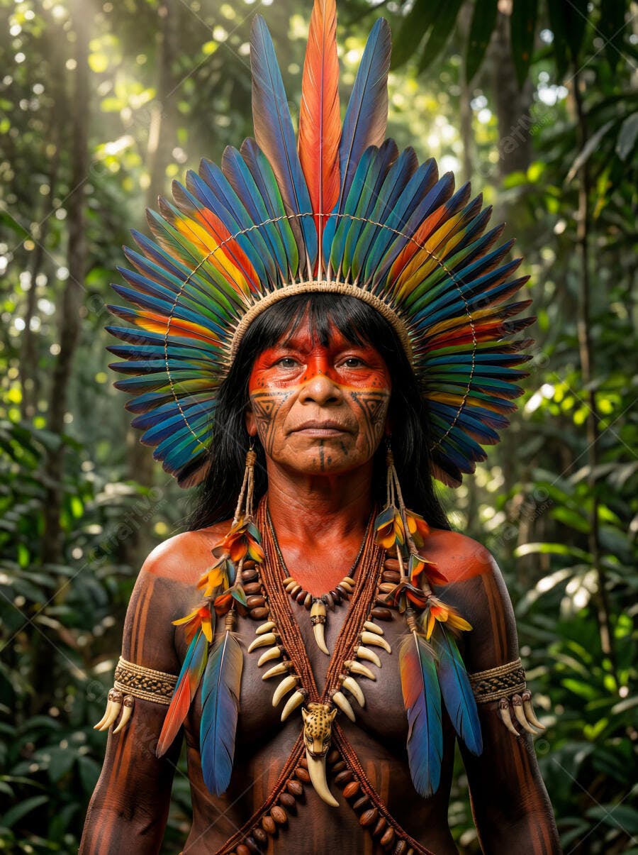 Foto Mulher Indígena Brasileira Cocar Penas Coloridas Floresta