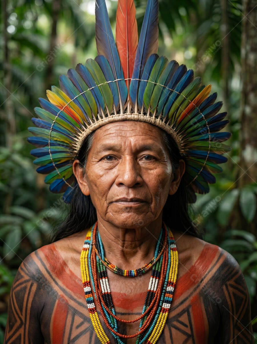 Foto Indígena Brasileiro com Cocar e Pintura Corporal Floresta